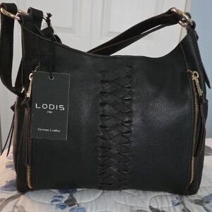 Lodis Black Leather Shoulder Hobo with Braided Front